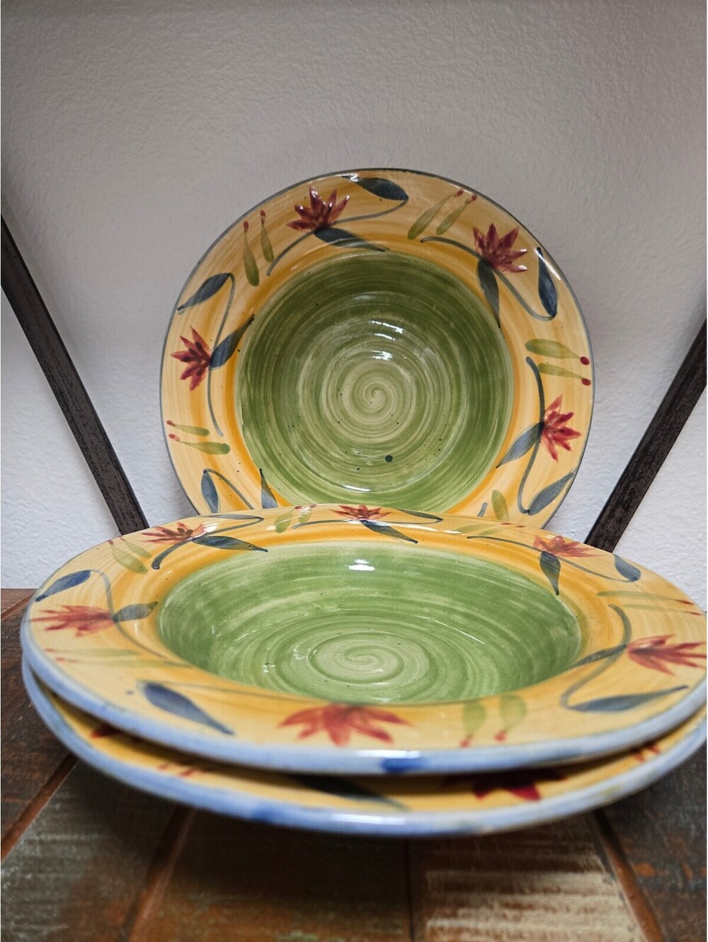 Lot of 3 Pier 1 Elizabeth Hand Painted Stoneware Large Bowl boho rustic Floral